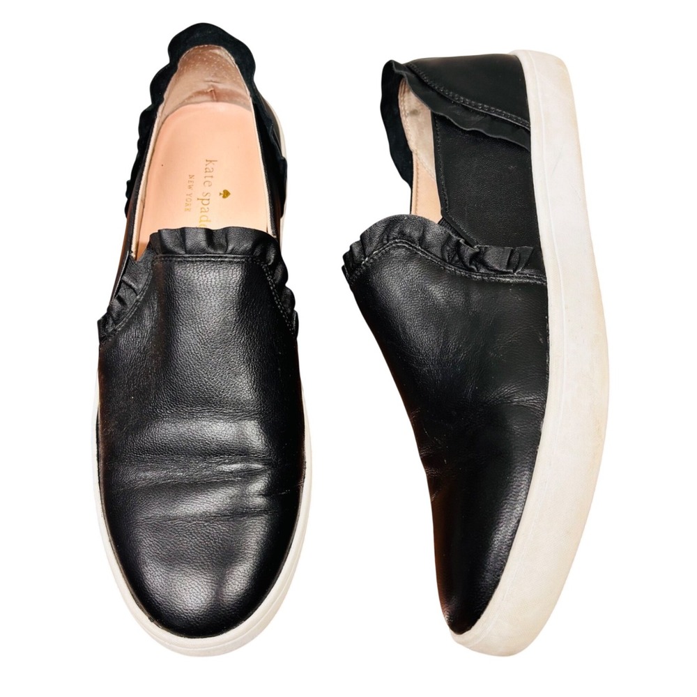 Kate Spade New York Black Leather Ruffle Slip On Sneakers 9M S1120227